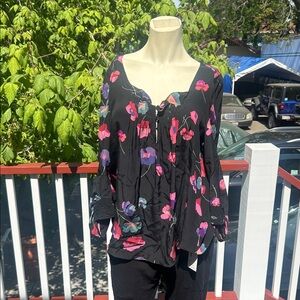 Floral 100% Silk Long Sleeve Pleated Multicolor Top